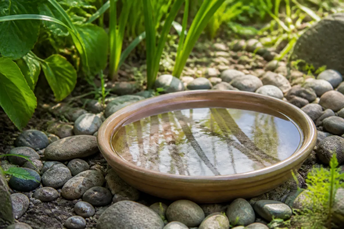 Coupelle plate remplie d eau claire dans un jardin
