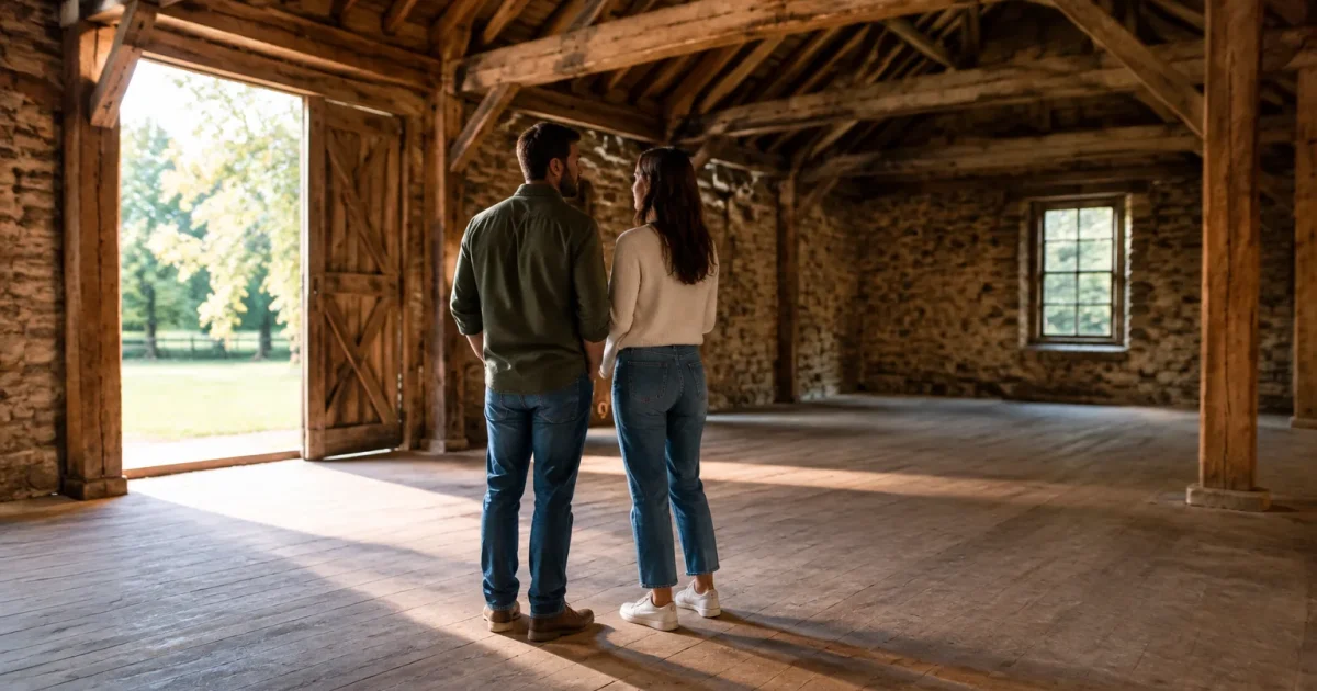 Couple debout dans une grange vide avec poutres apparentes
