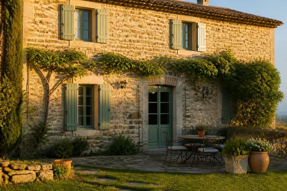Couple souriant devant une maison en pierre