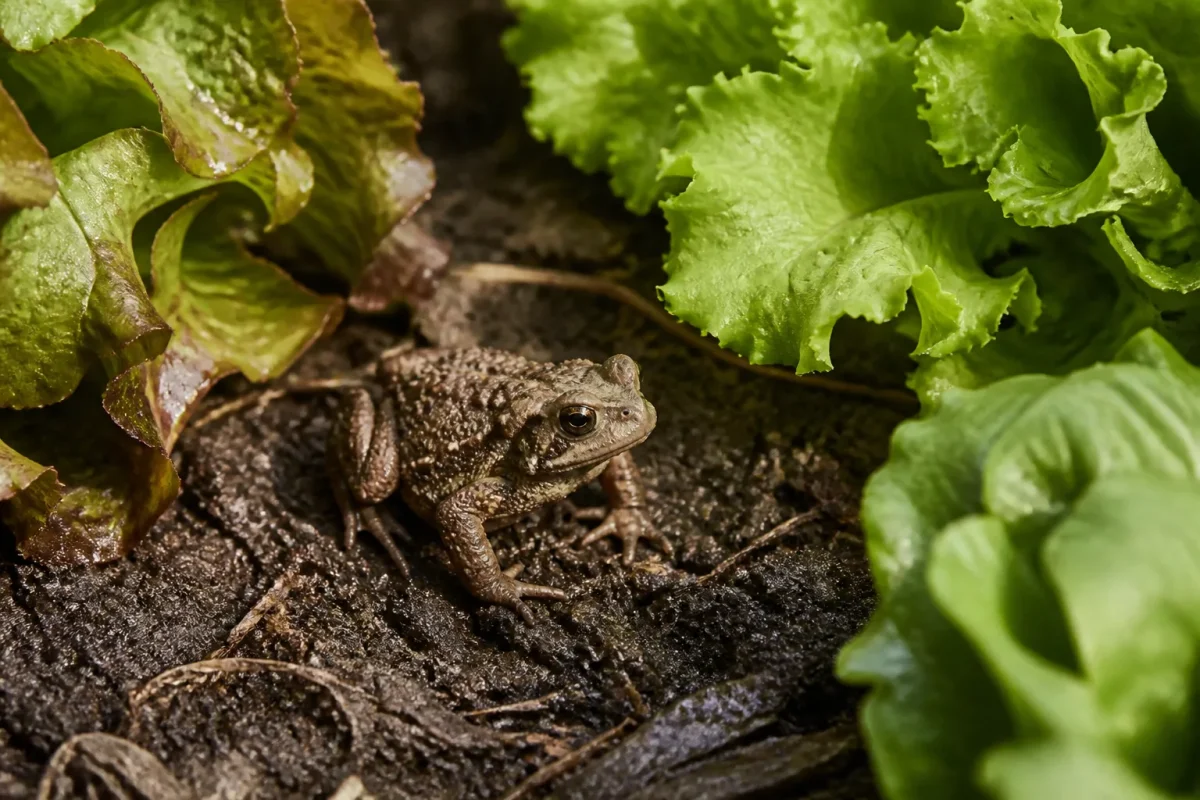 Crapaud brun pose sur terre humide pres des salades
