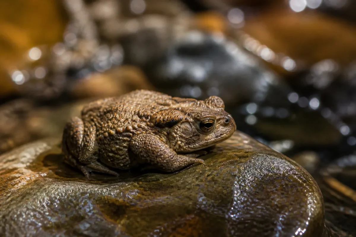 Un crapaud au repos sur une pierre humide