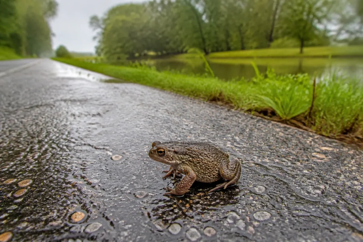 Crapaud traversant une route mouillee pres dune mare
