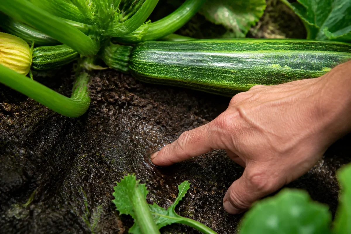 Doigt dans sol humide pres des courgettes