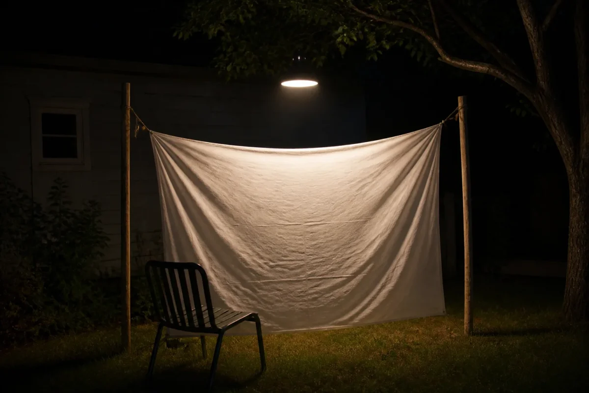 Drap blanc tendu entre deux piquets sous une lampe