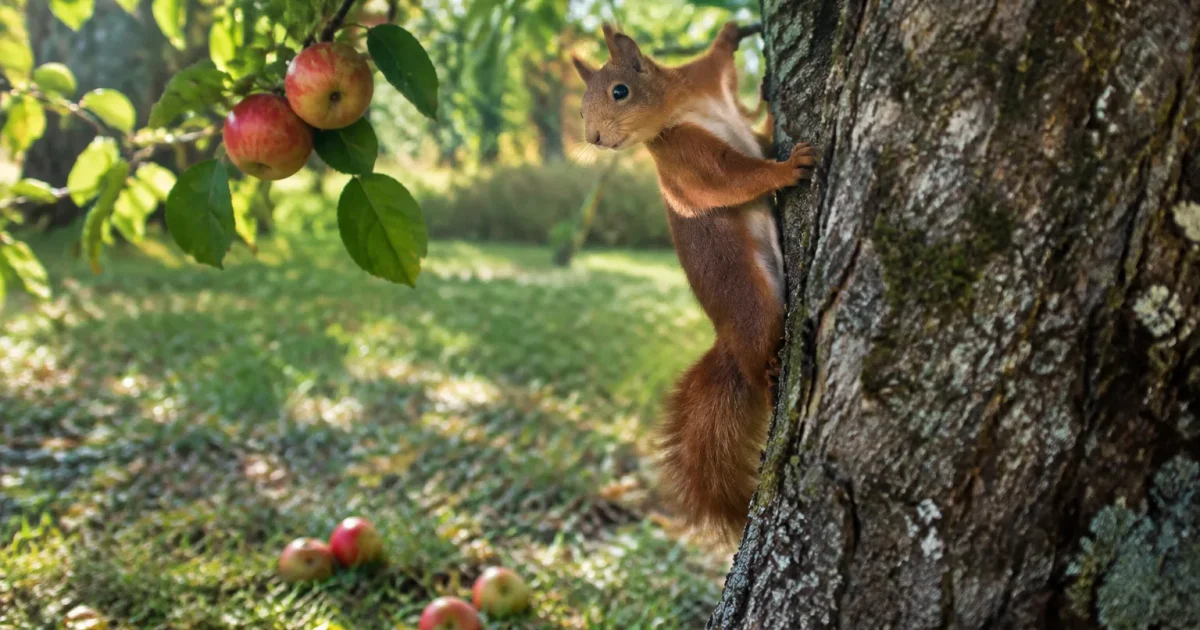 Un ecureuil agrippe un pommier, pommes tombees au pied