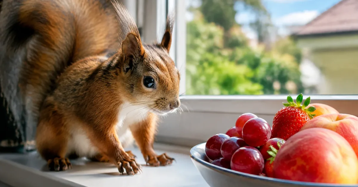 Ecureuil roux sur rebord fenetre regardant fruit appetissant