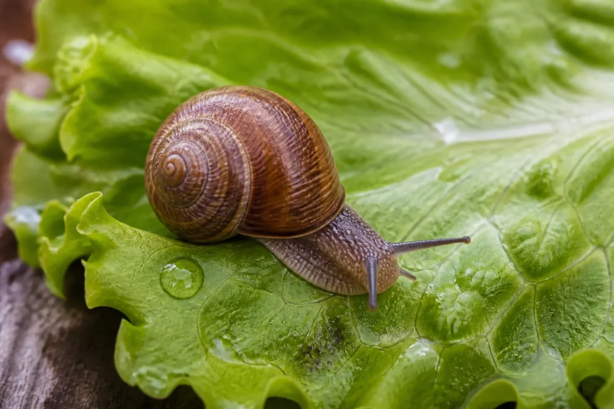 Escargot brun sur une feuille de salade mouillee