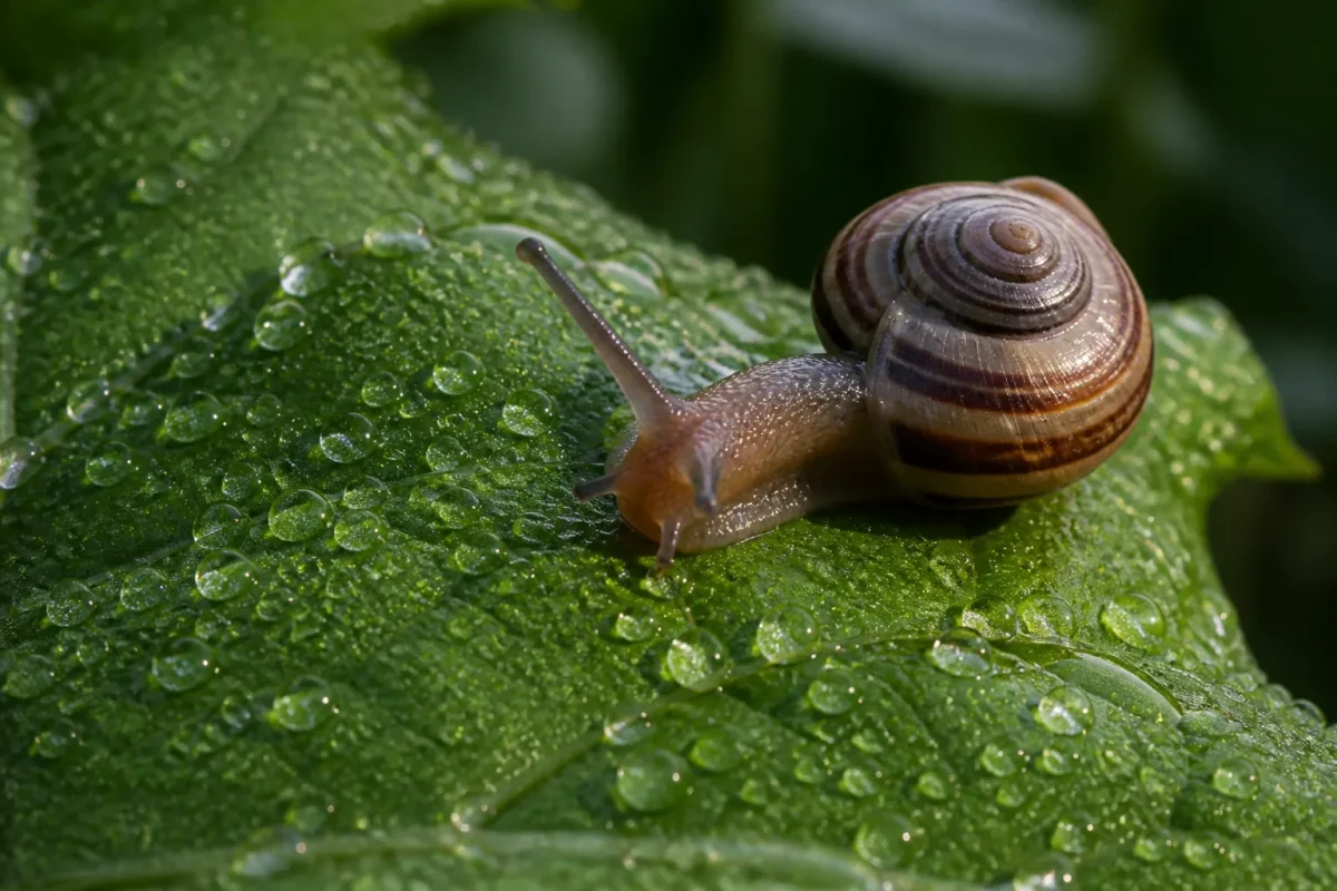 Escargot luisant sur une feuille verte couverte de gouttes