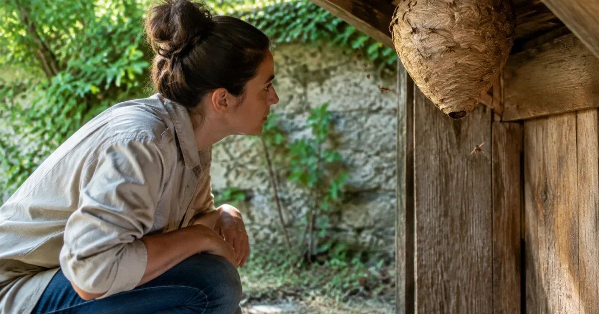 Femme accroupie devant un nid de guepes suspendu