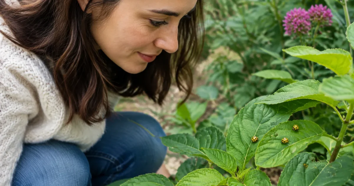 Femme accroupie observant coccinelles jaunes sur feuille verte