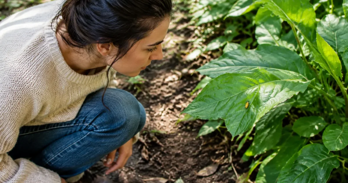 Femme accroupie observe un insecte jaune sur une feuille