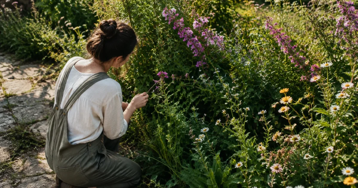Femme agenouillee devant une bordure de fleurs sauvages hautes