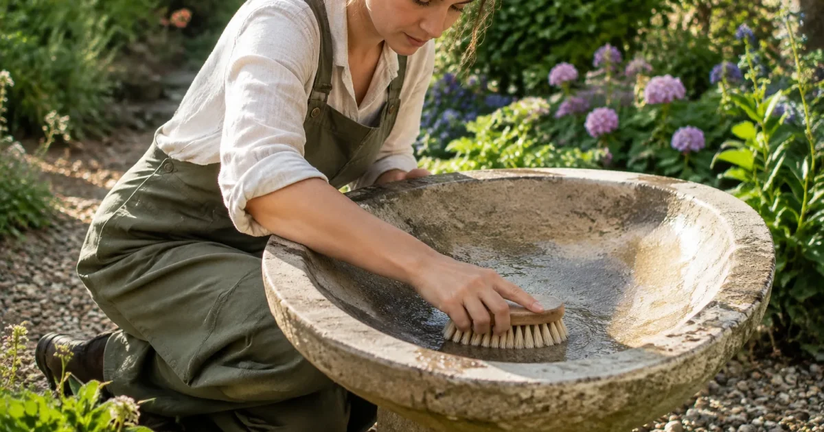 Femme agenouillee frottant une vasque en pierre au jardin