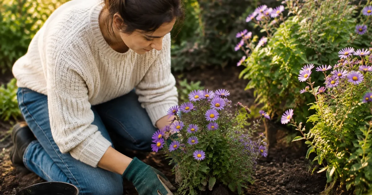 Femme agenouillee plantant des asters mauves au jardin