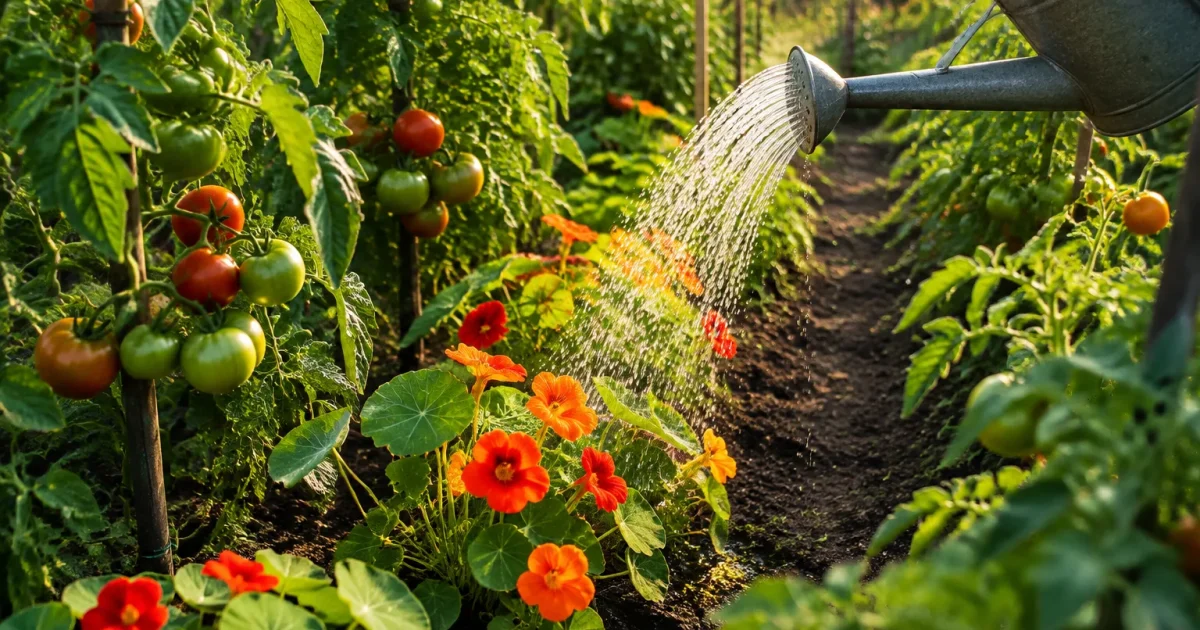 Femme arrose des capucines entre des rangs de tomates
