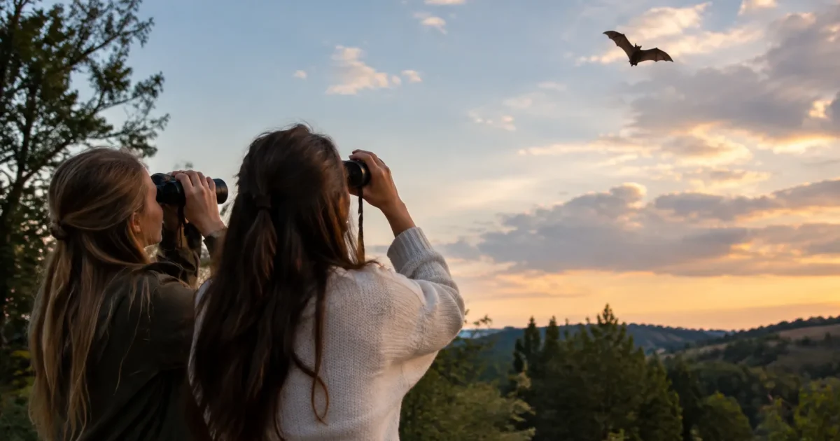 Femme debout jumelles observant une chauve-souris dans le ciel