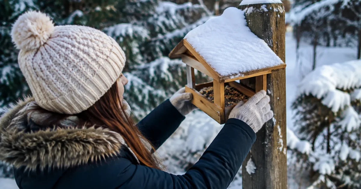 Femme posant une mangeoire fixee sur un poteau enneige