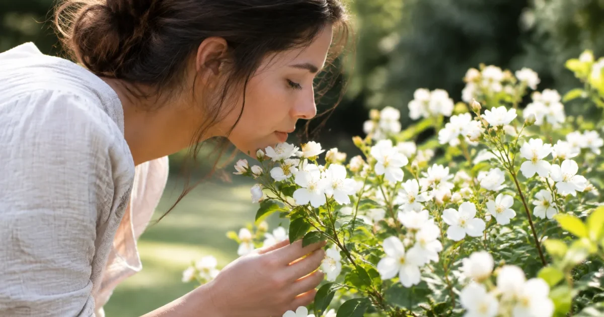 Une femme se penche sur des fleurs blanches