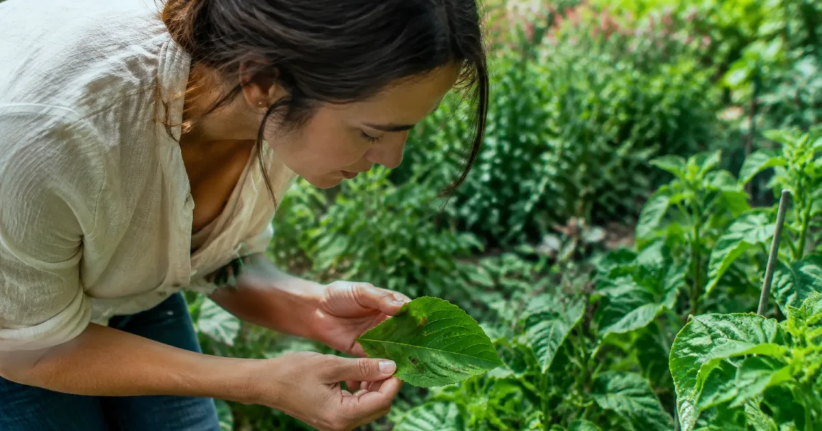 Femme penchee tenant une feuille trouee au jardin