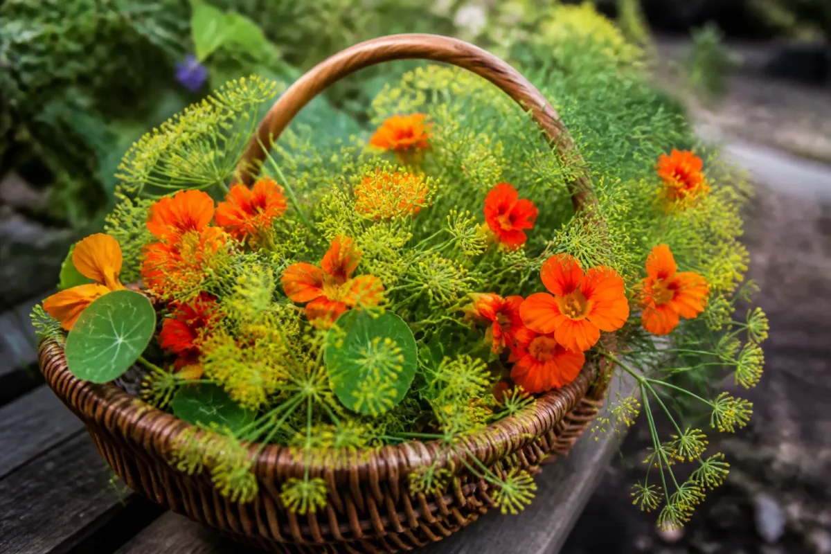 Fenouil et capucines orange dans un panier en osier