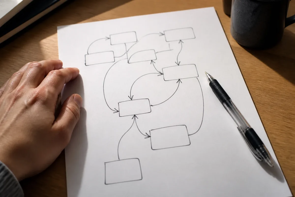 Feuille papier avec schema fleches et stylo
