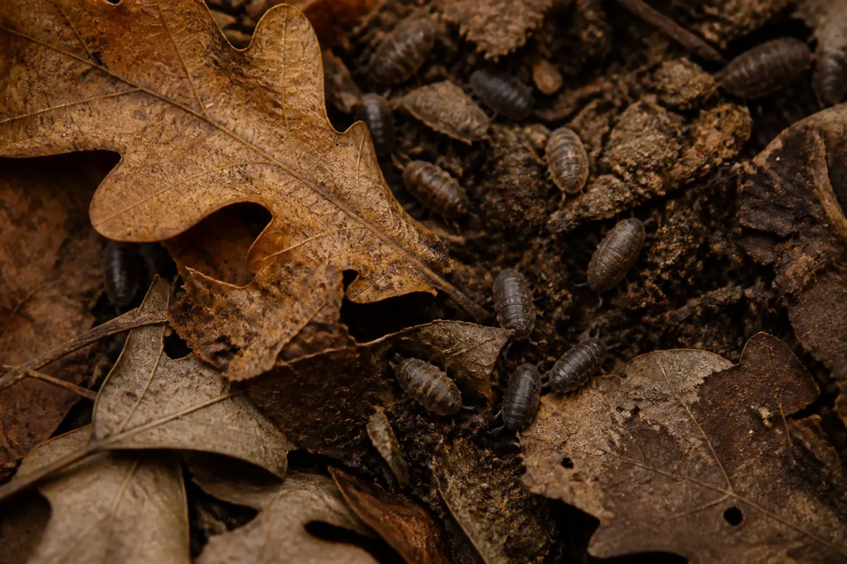 Feuilles mortes brunies sur terre sombre avec petits cloportes