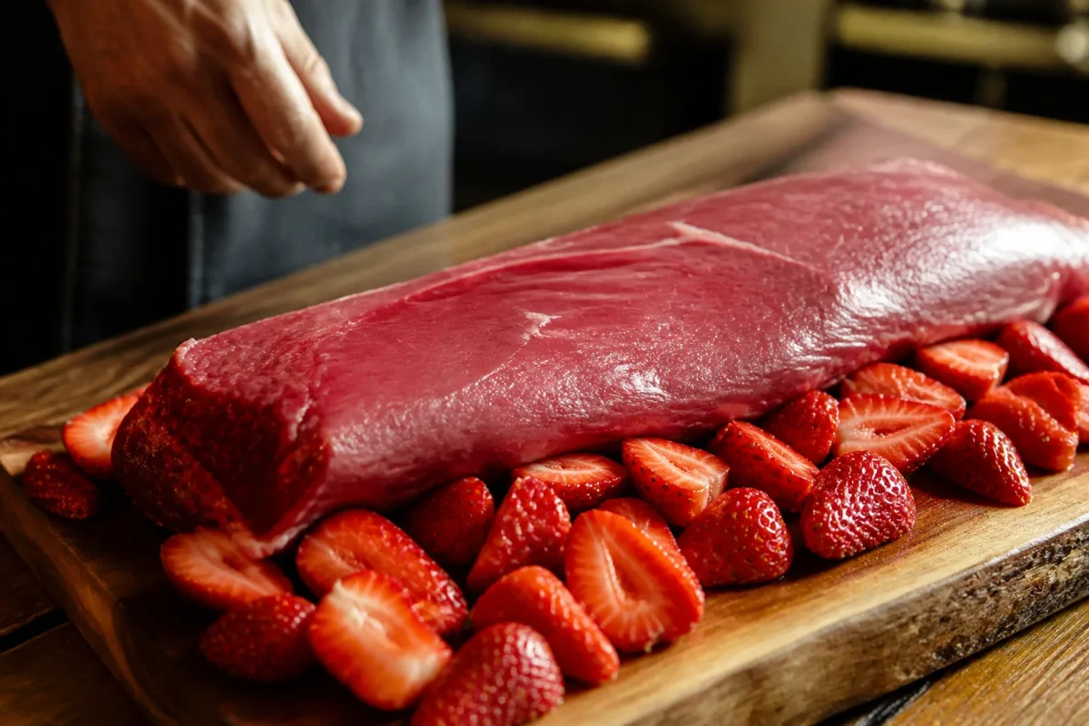 Filet tendu sur des planches de fraises rouges