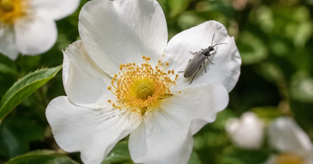 Fleur blanche ouverte, insecte gris perche sur petale