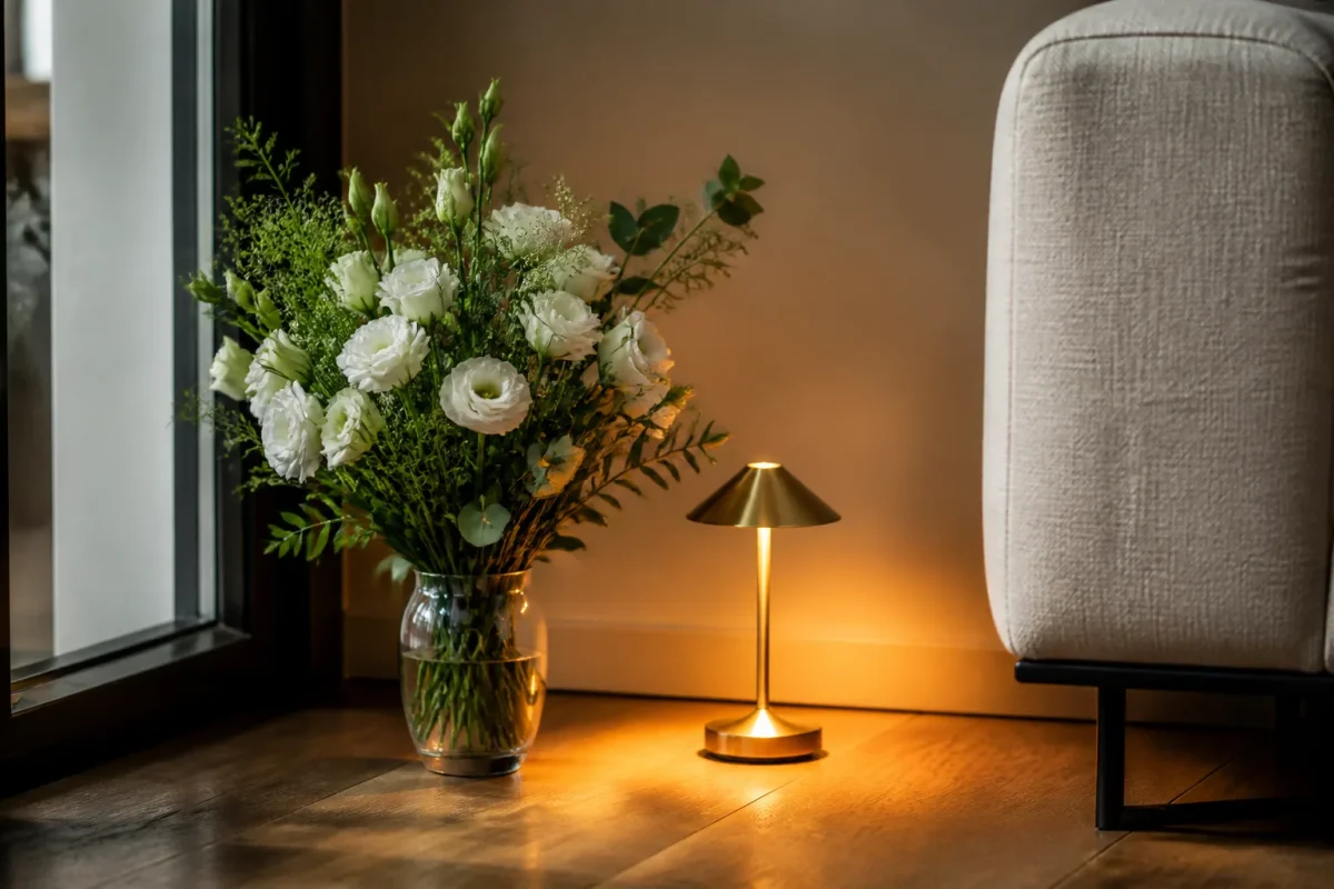 Fleurs blanches sous une petite lampe au sol
