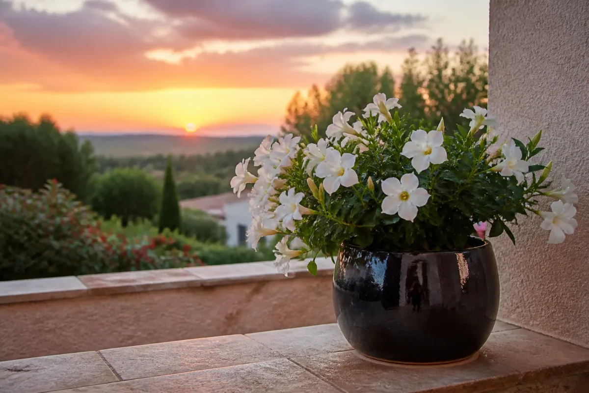 Fleurs blanches en pot brillant au crepuscule sur terrasse