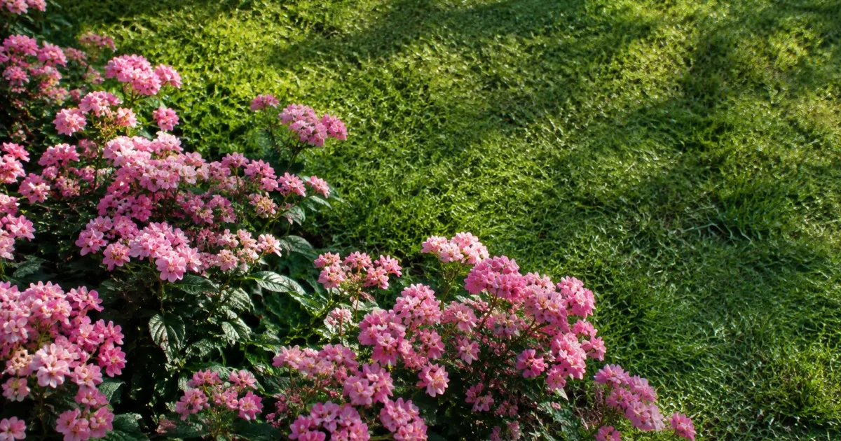Fleurs roses basses couvrant un coin de pelouse
