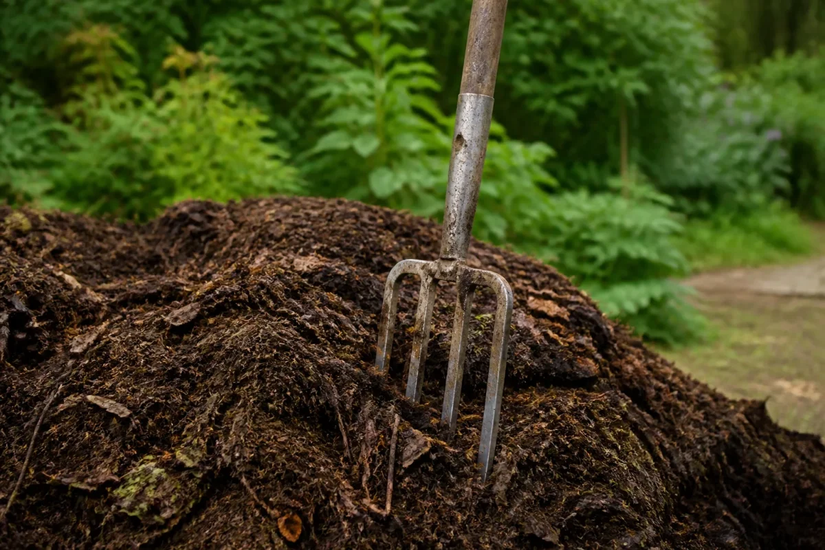 Fourche plantee dans un tas de compost brun