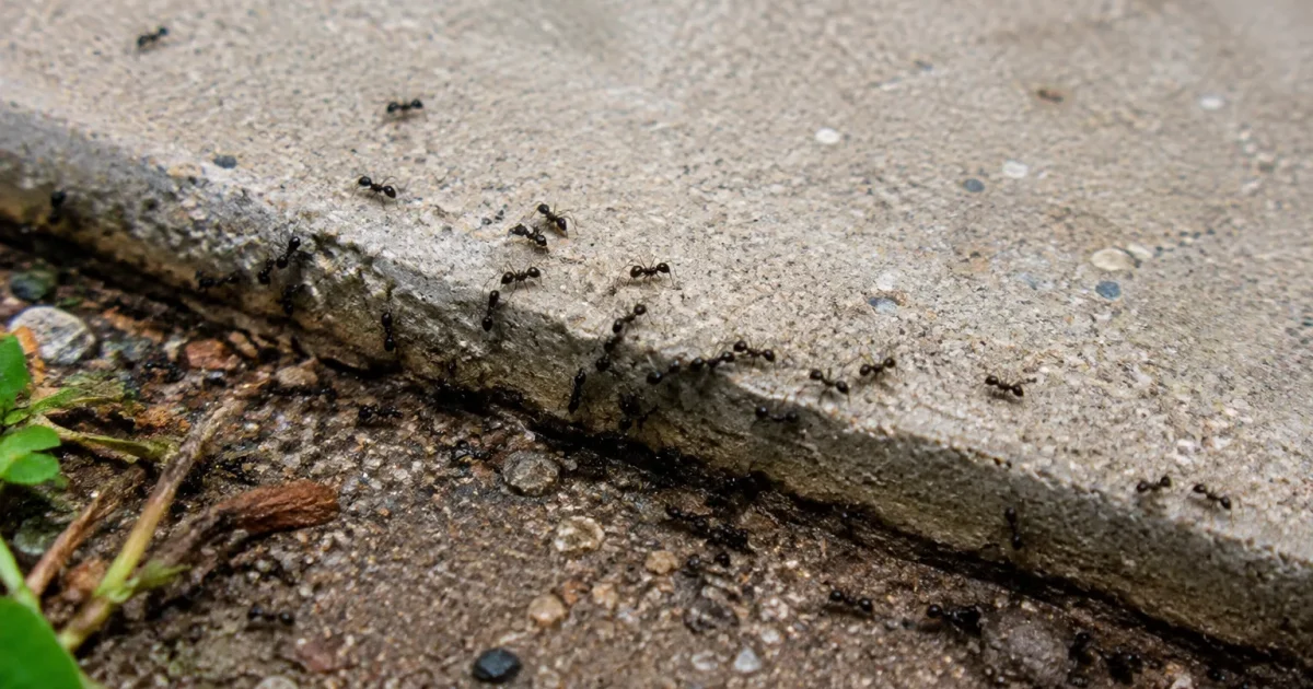 Fourmis noires grouillant sous une dalle de terrasse