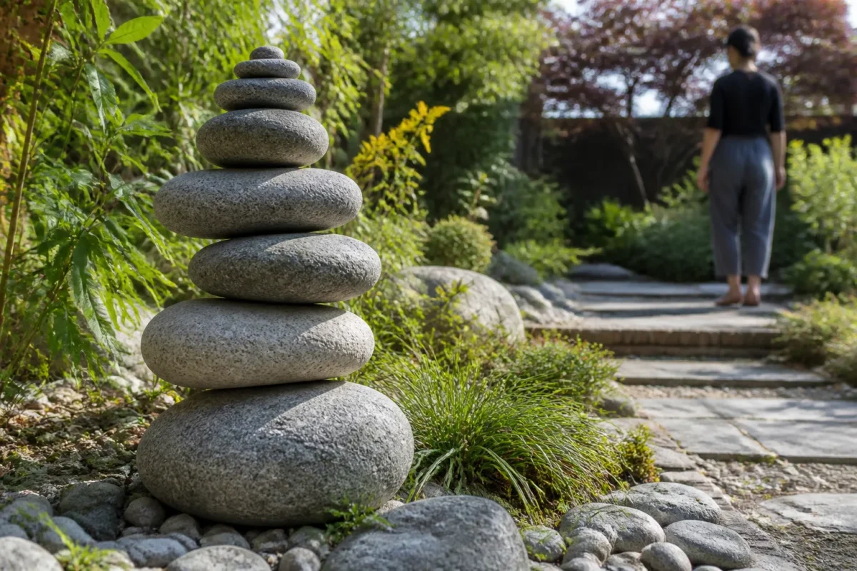 Galets gris de tailles variees empiles au jardin