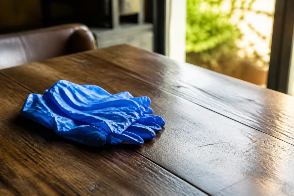 Gants bleus jetables sur une table en bois