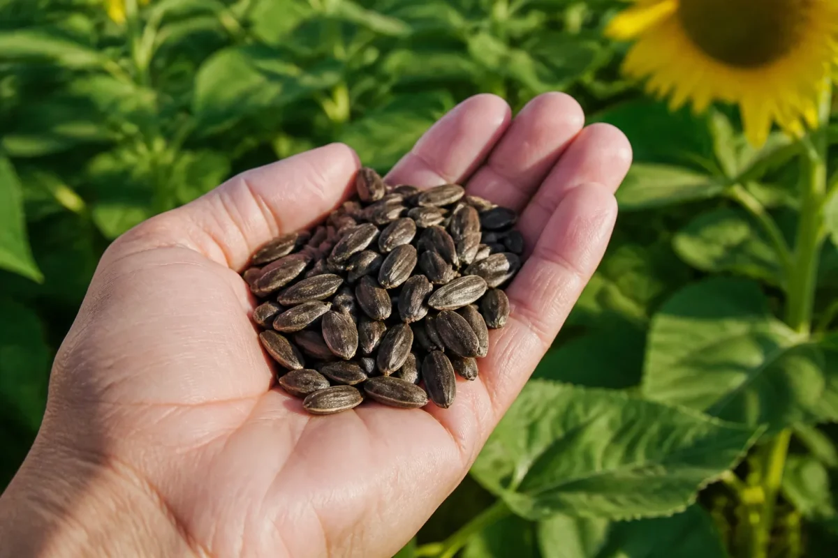Graines de tournesol brunes dans une main