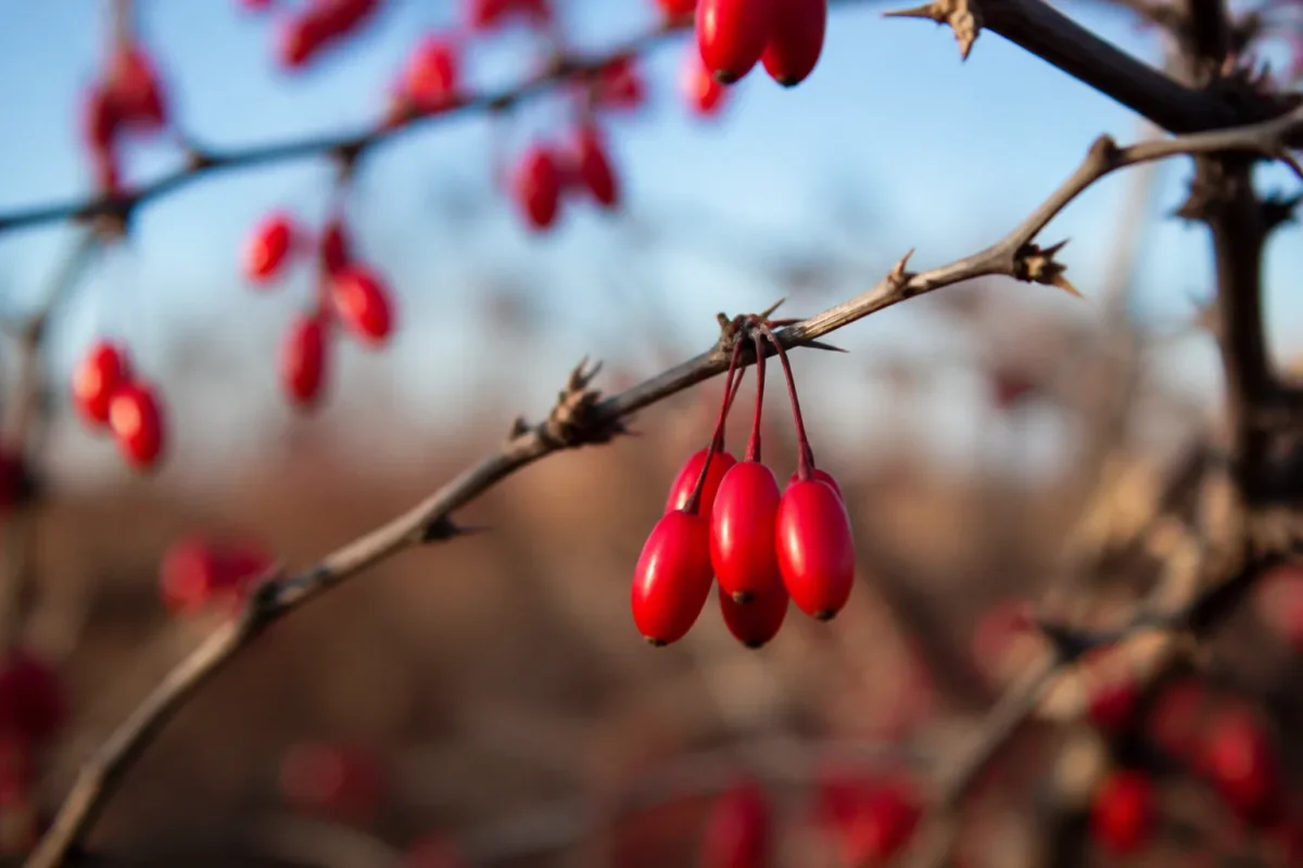 Grappes de cenelles rouges sur une branche epineuse
