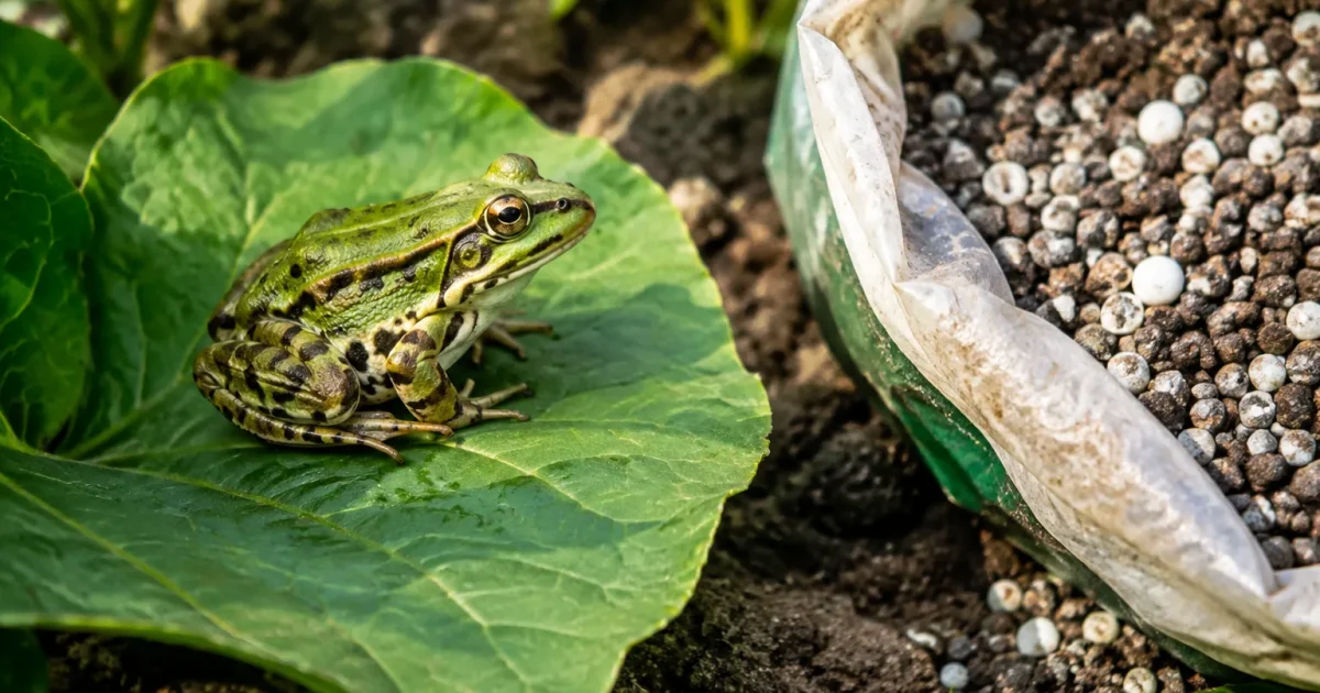 Grenouille verte assise sur une feuille pres d'engrais