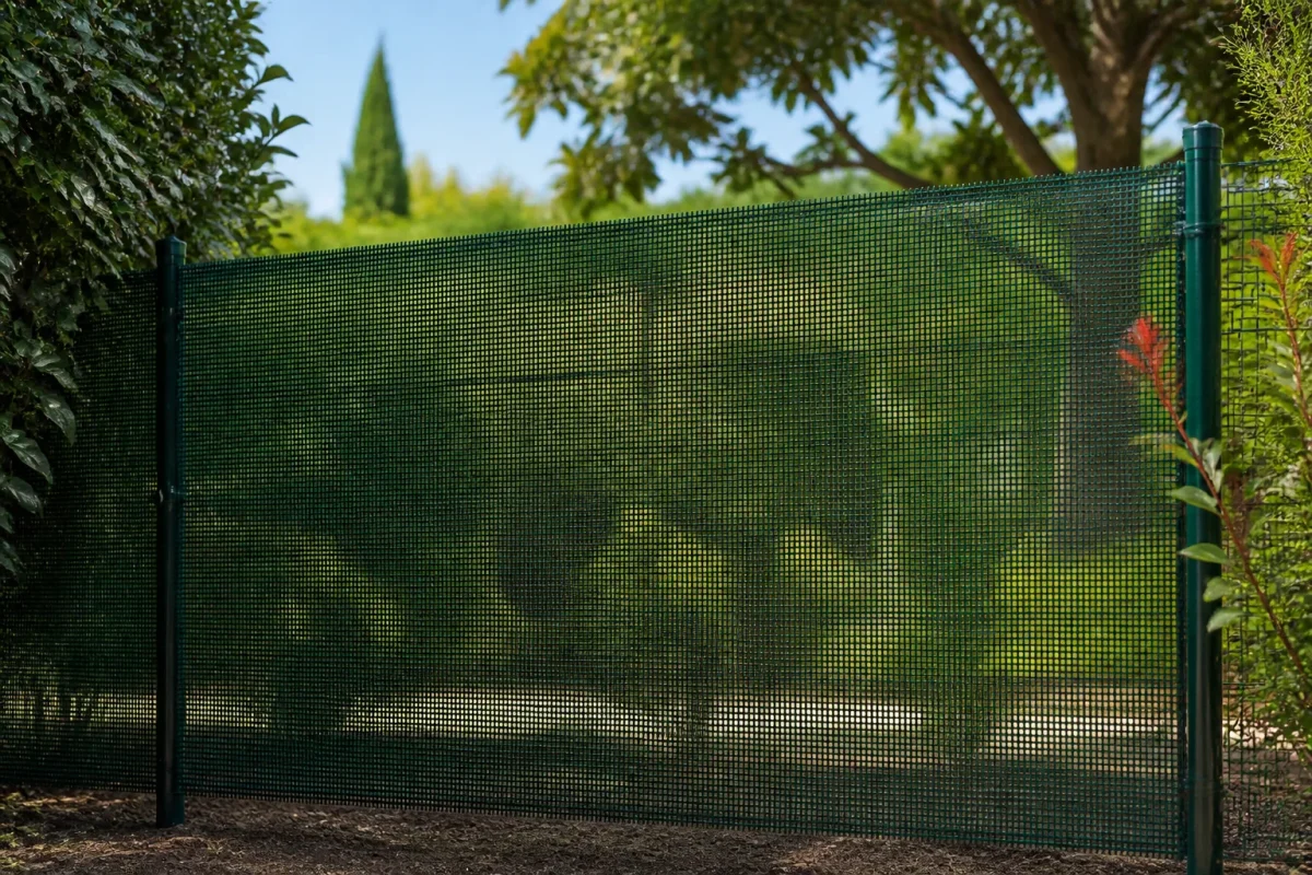 Grille verte aux mailles fines tendue entre deux poteaux