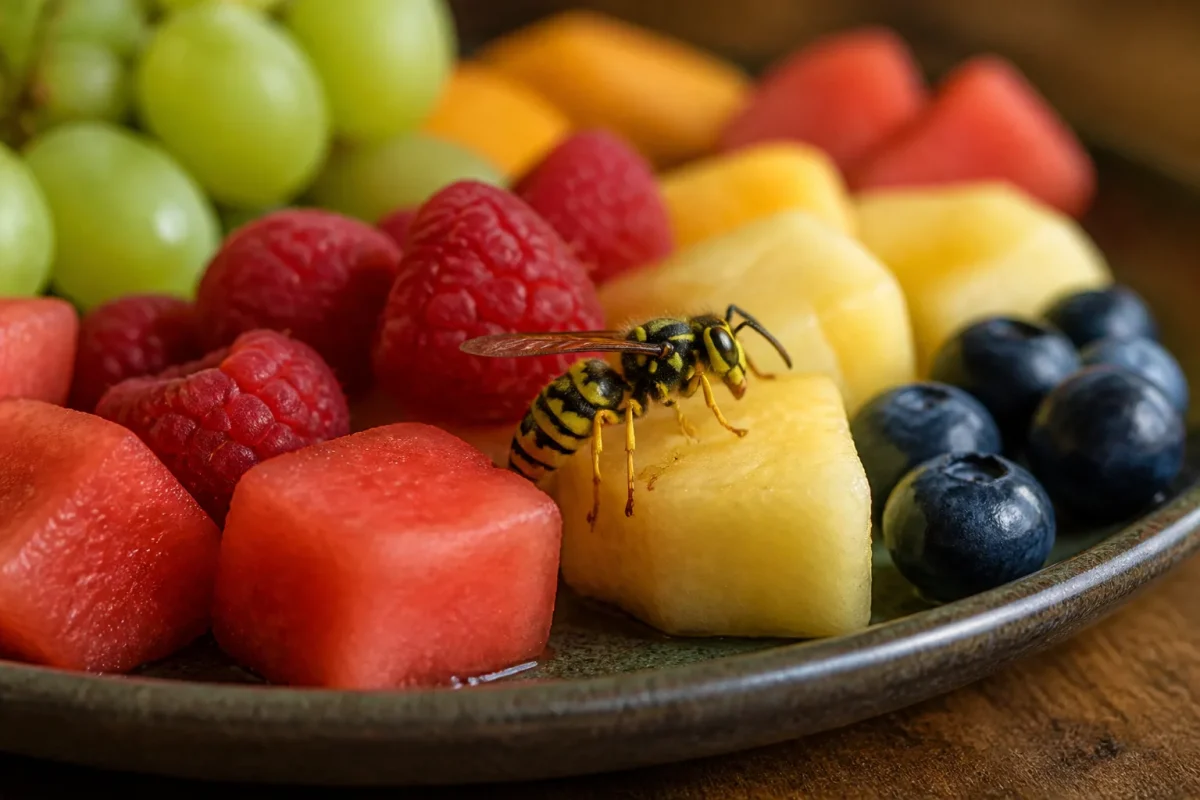 Guepe posee sur une assiette de fruits