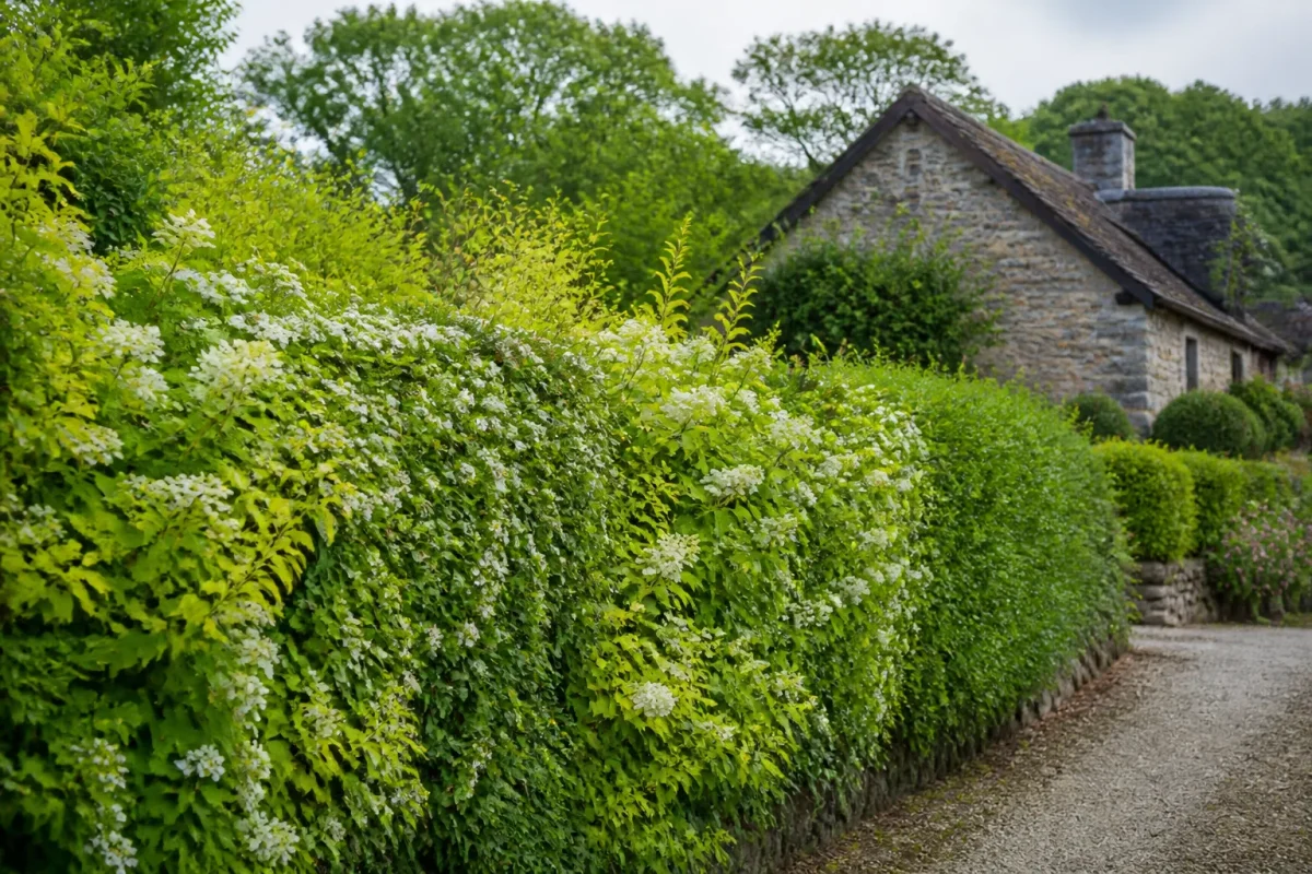 Haie champetre avec feuillages verts varies et fleurs blanches