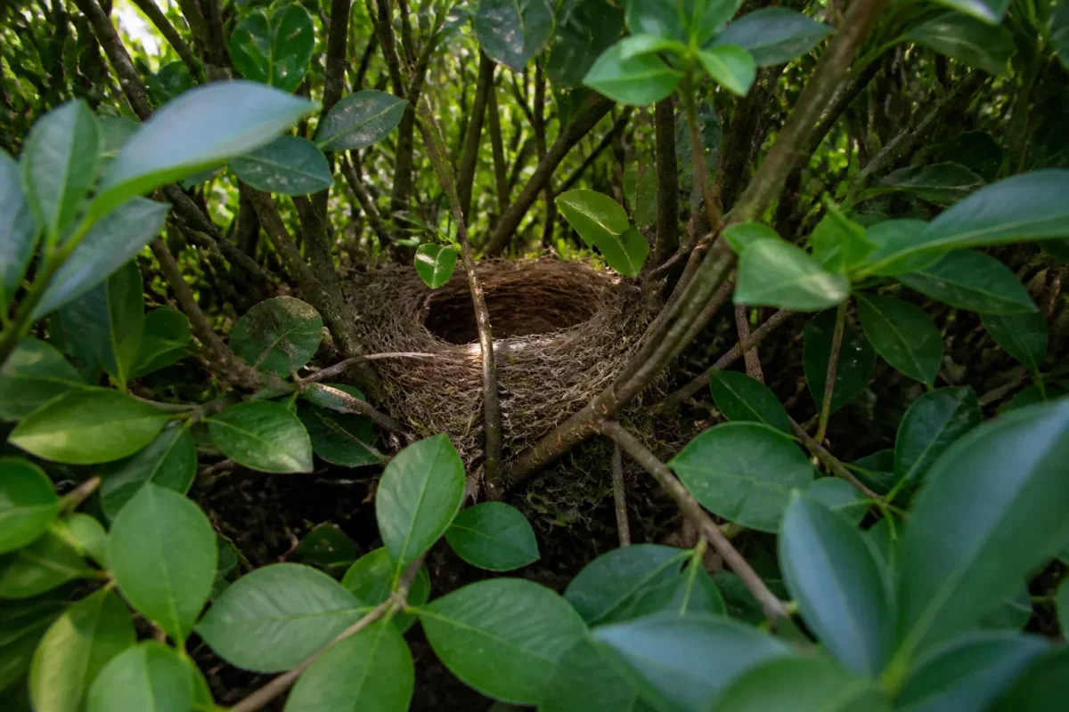 Haie epaisse et dense, nid de mesanges entre branches