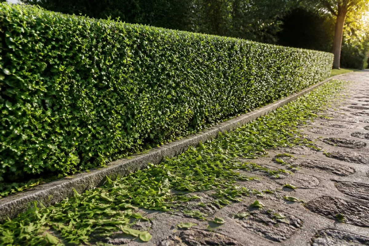 Haie fraichement taillee sous soleil ardent, feuilles au sol