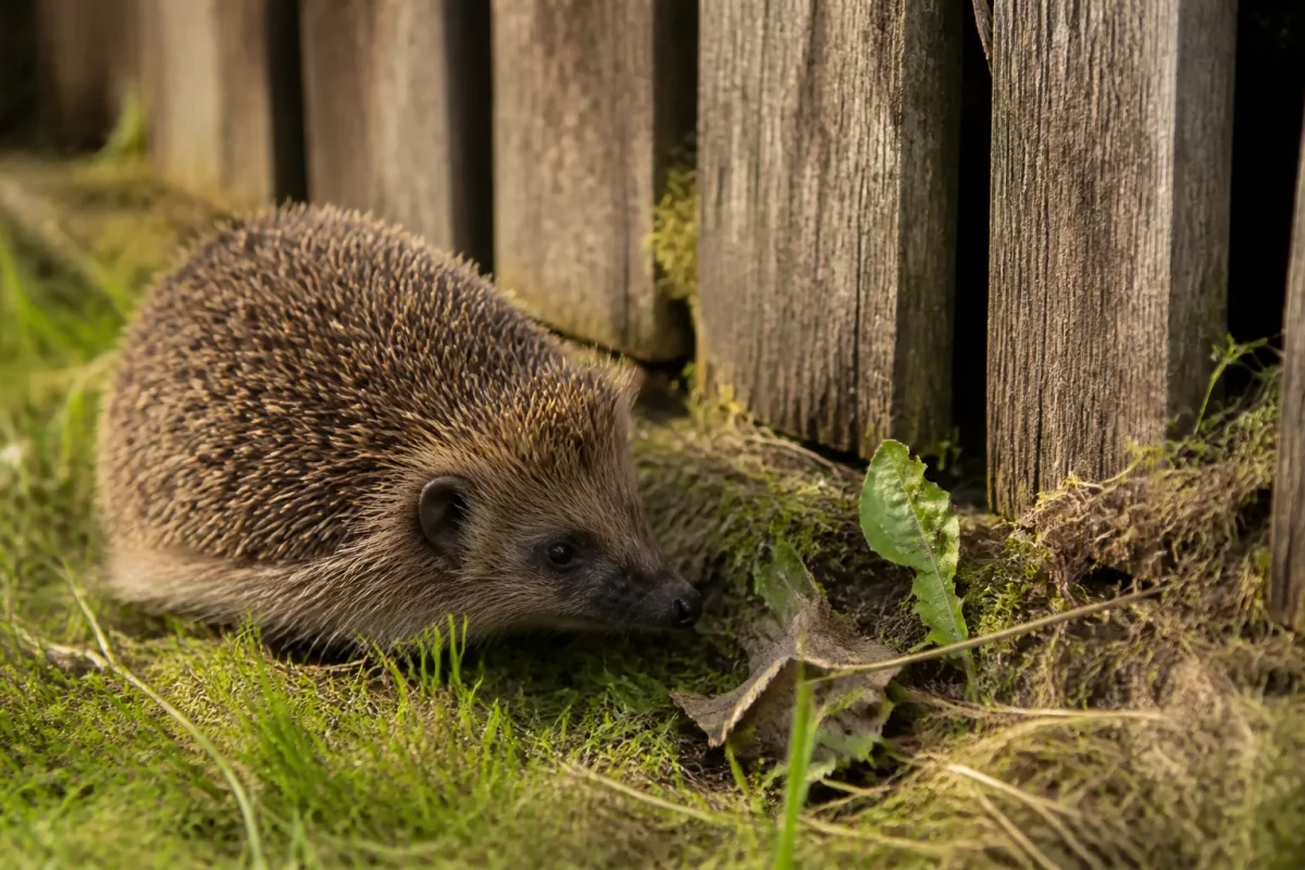 Herisson devant une cloture en bois dans l'herbe