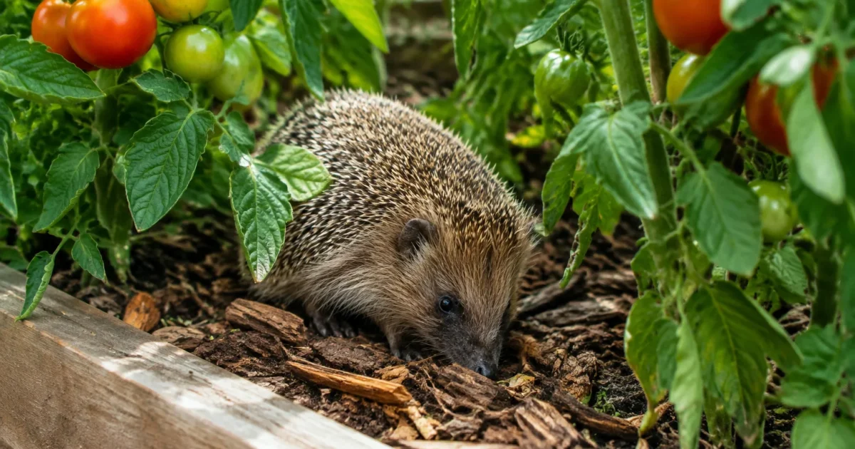 Herisson fouillant une plate-bande de bois entre des tomates