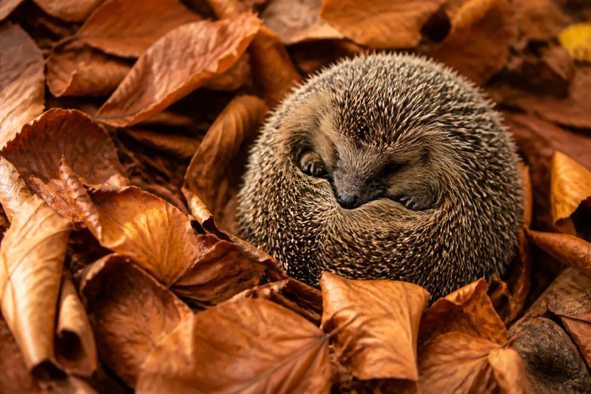 Un herisson pelotonne dans des feuilles mortes