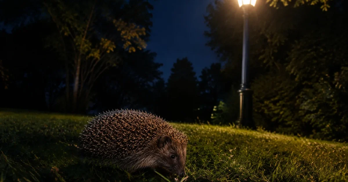 Un herisson traverse une pelouse sombre sous un lampadaire