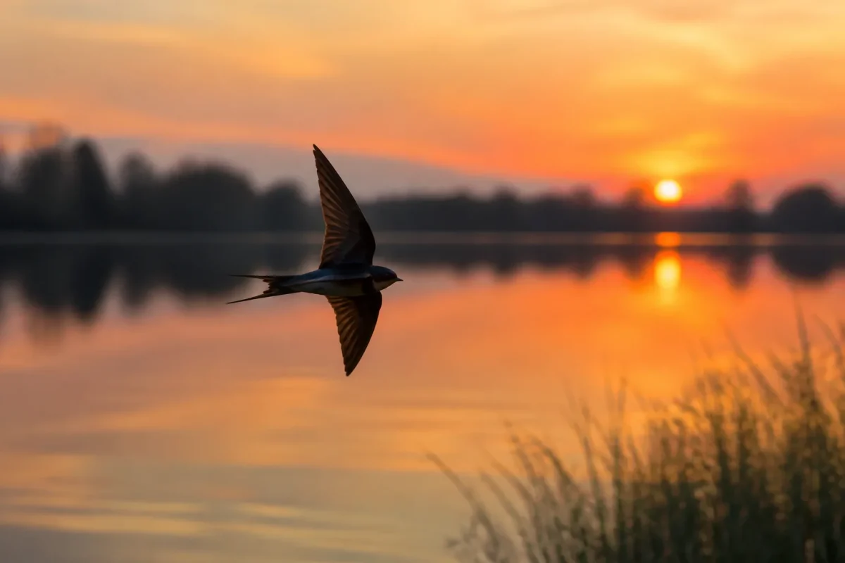 Hirondelle en vol au crepuscule sur un etang