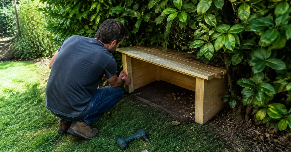 Homme accroupi posant abri en bois sous haie