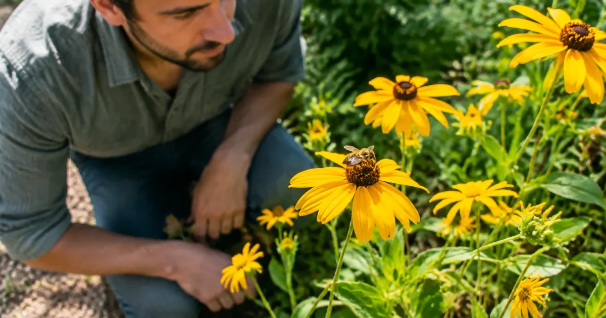 Homme accroupi dans jardin, abeille posee sur fleur jaune